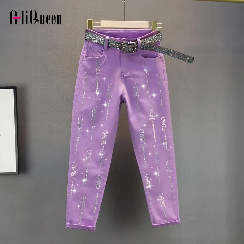 

White Cotton Pencil Jeans Pants Femme Ankle-Length Letters Sequins Denim Pant All-match Slim Women Trousers Streetwear