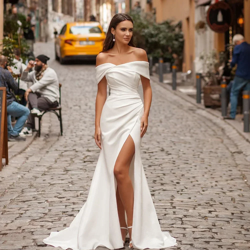 Elegant Off The Shoulder Soft Satin Sheath/Mermaid Plus Size Wedding  Dresses Side Slit Detachable Train Formal Bridal Grown 2025 - AliExpress 320