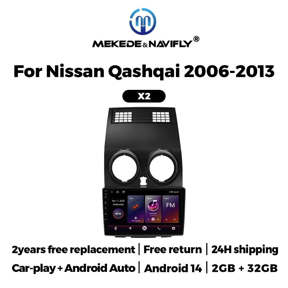 2 Din Autoradio Wireless Carplay Navi Host unit Android 14 Car FM radio Stereo For Nissan Qashqai J10 2006-2013 MEKEDE & NAVIFLY