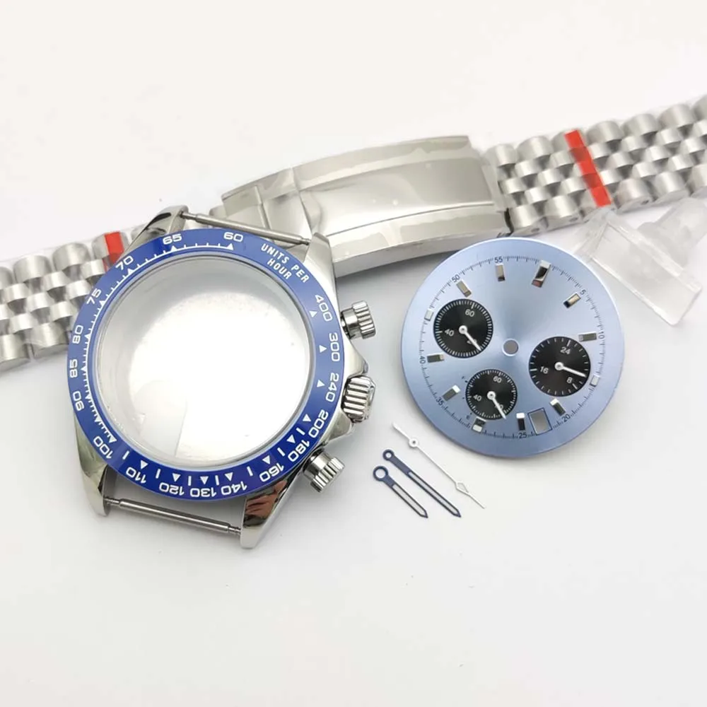 Men's quartz watch set 40 mm, silver-coloured stainless steel case for calibre VK63, various dials, matching bracelets
