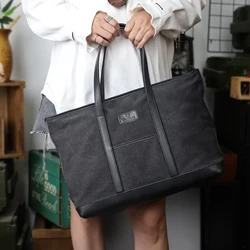 Retro Canvas Bag Handmade Genuine Leather Briefcase Travel Suitcase Tote Bags For Men Large Capacity Business Laptop Handbag