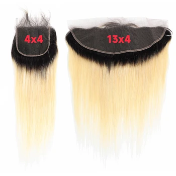 613 Capelli umani con chiusura color biondo miele con radici scure 13x6 Frontale in pizzo trasparente Solo 1B613 Chiusura in pizzo 4x4 da 8-24 pollici