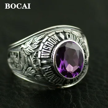BOCAI Real S925 Silver Purple Precious Stone Vintage Totem  Mature Individuality Fashion Man's Ring Holiday Gifts