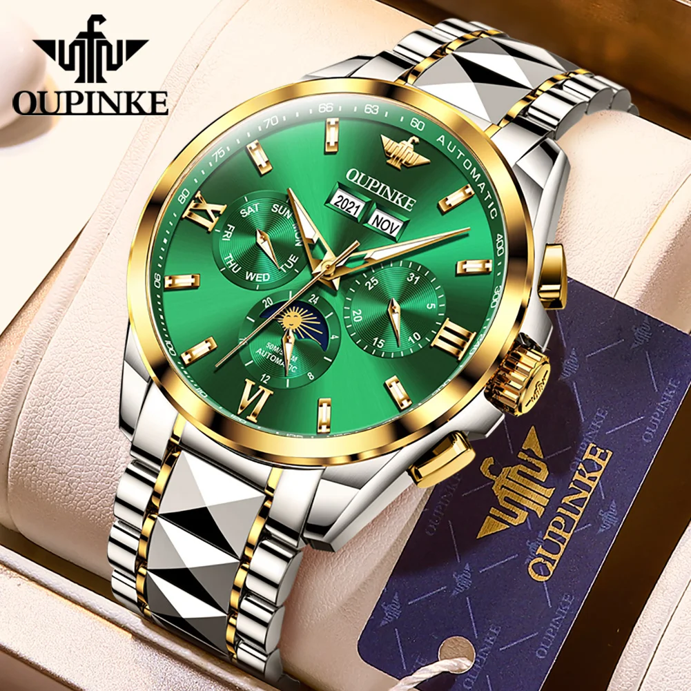 

OUPINKE TOP Brand Automatic Watch for Men Moon Phase Sapphire Mirror Man Business Wristwatch Waterproof Chronograph Clock 3201