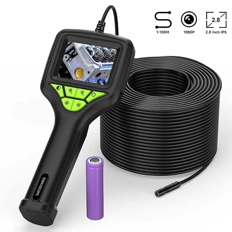 Industrial Endoscope Camera 2.8'' IPS Screen 2-100 Meter 8mm Probe Waterproof Pipe Inspection Borescope 8 LEDs Removable Battery 1