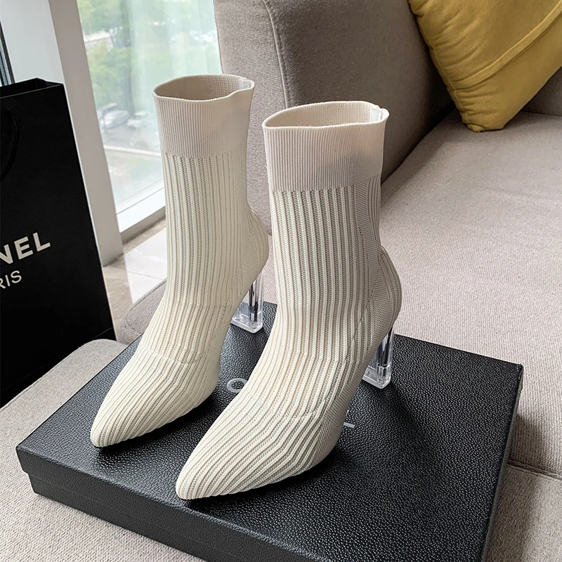 

2023 NEW Crystal Heel Sock Boots Beige Black Ladies Stretch Fabric Knit Pointed Toe Ankle Fashion Boots High Heels Women Boots 1