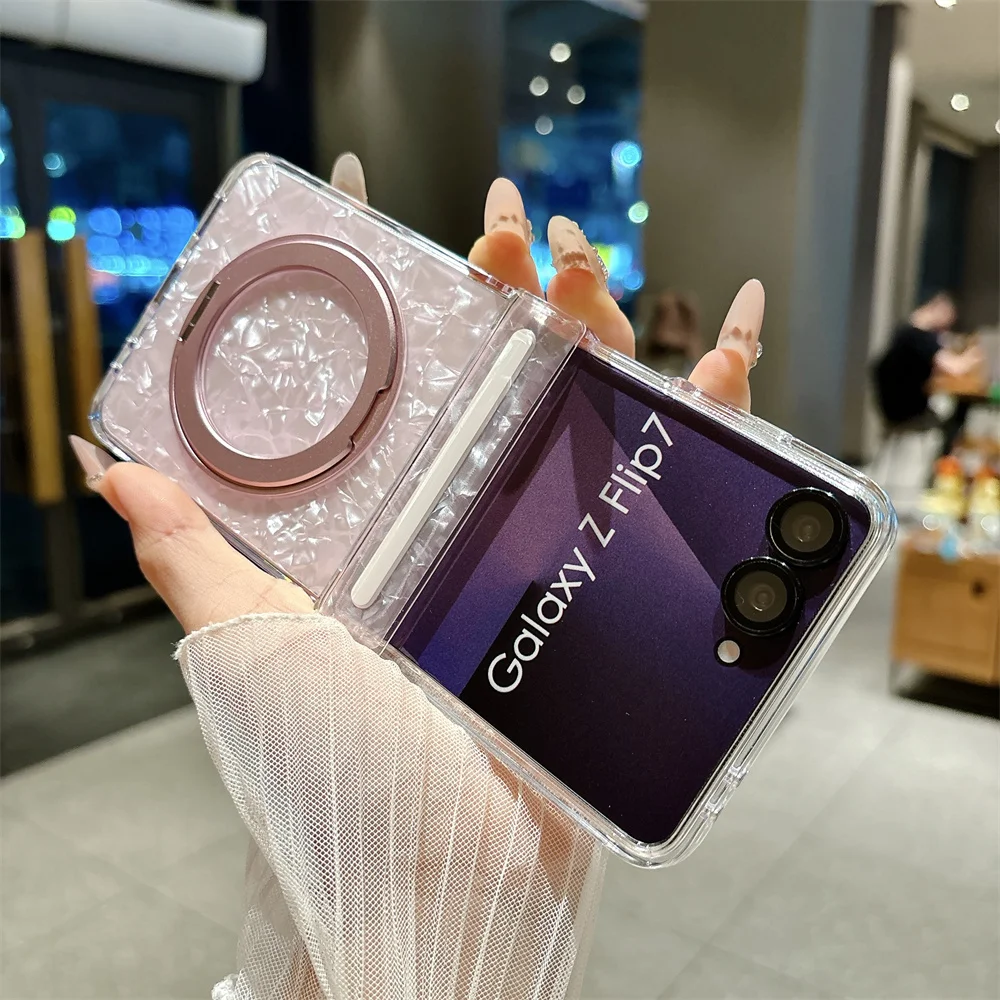 Rotating Magnetic Stand Shell Pattern Phone Case with Hinged Protection and Shockproof Back Cover
