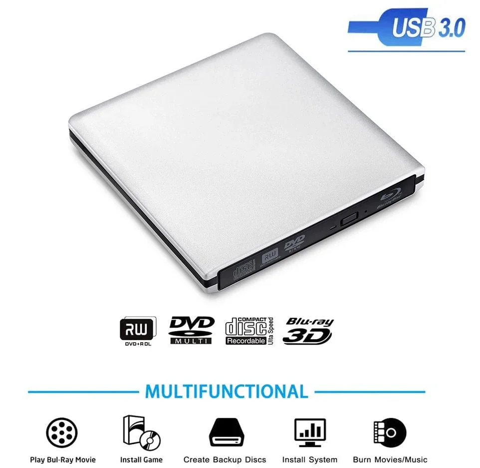 External Optical Drive USB3.0 Blu-Ray Burner Writer BD-RE 3D Blu-Ray Reader for Windows/MAC OS