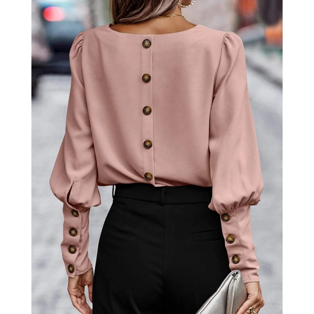 Autumn Women Buttoned Back Design Lantern Sleeve Casual Blouse Female Round Neck Long Sleeve Elegant Top Workwear Korean Style cross back waxed canvas industrial apron butcher grill bbq florist gardener painter carpenter electrician plumber workwear f15