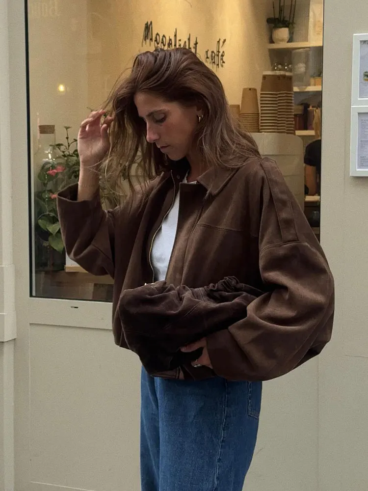 HH Women Fashion Vintage Solid Suede Coat Lapel Zipper Long Sleeve Bomber Jacket Spring Female Casual Loose Oversize Outerwear