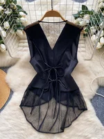 SINGREINY Backless Sexy Tank Vest Sleeveless Single Breasted V Neck Spliced Lace Skinny Sheer Irregular Summer Women Design Tops - Image 3