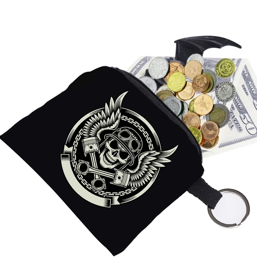 Coin Wallet Women Unisex Key Storage Bag Ring Buckle Zipper Black Canvas Skull Pattern Printing Series