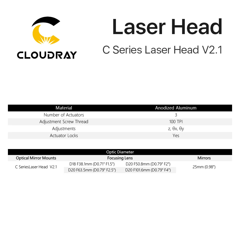 Cloudray-Montagem para Máquina de Corte Gravação a Laser, Cabeça Laser CO2 Série C, Diâmetro 18 FL38.1 e Diâmetro 20 FL50.8 63,5 101,6mm, Preto