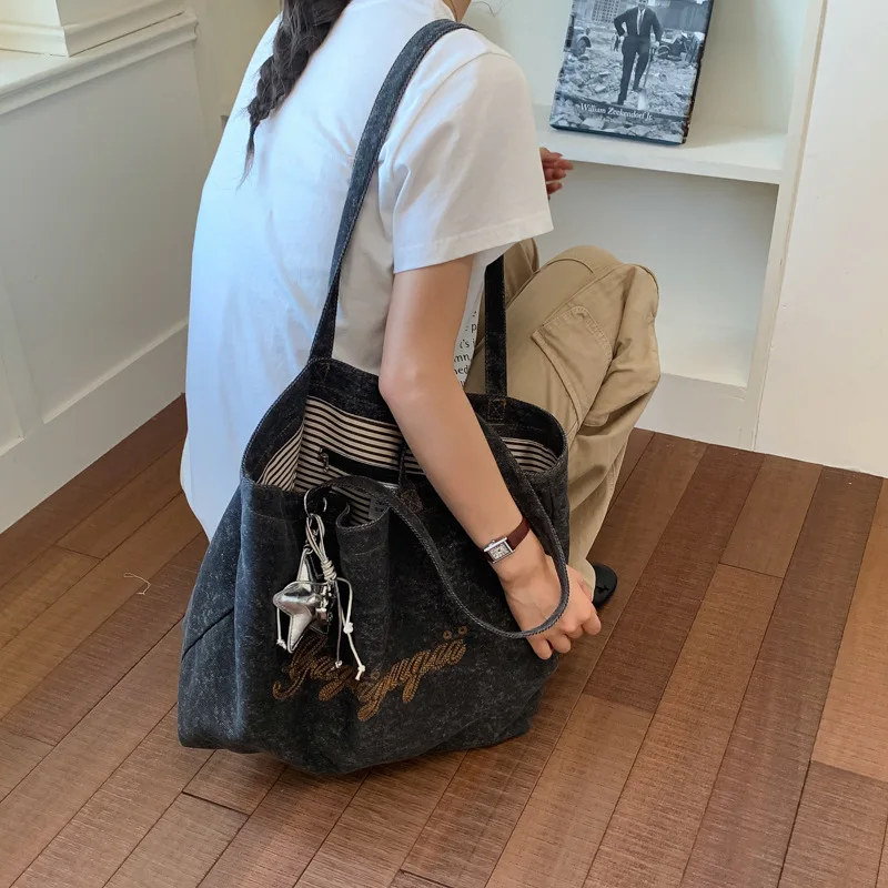 캐주얼 대용량 데님 토트백, 스쿨걸 숄더백, 자수 레터링, 다용도 언더암 퍼스, 일상용