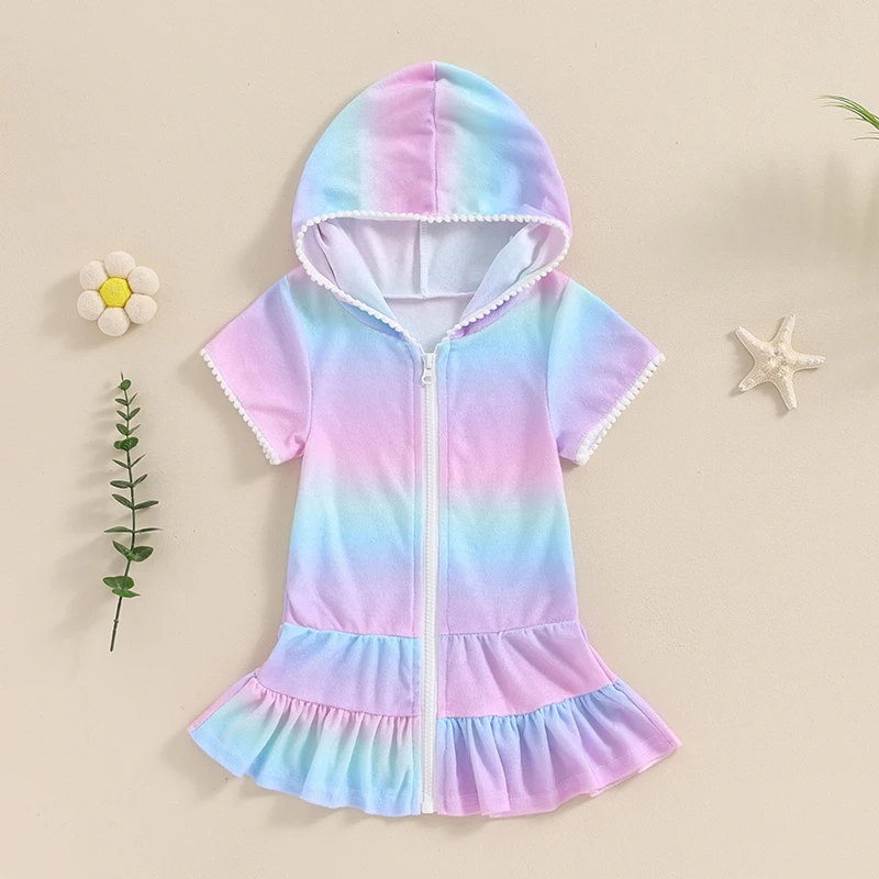 여아용 레인보우 프린트 지퍼 후드 원피스 비치 래시가드 수영복, 유아 목욕 세트 비치웨어, 1-8 세 여름 커버 