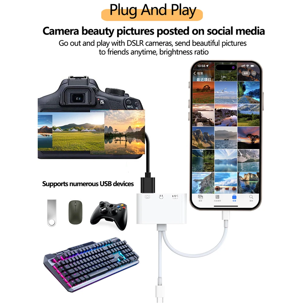 Lightning/Type C to USB 3.0 /3.5mm/Type C OTG Adapter 3.5mm Audio Jack Splitter for iPhone14/13/12/iPad Charging