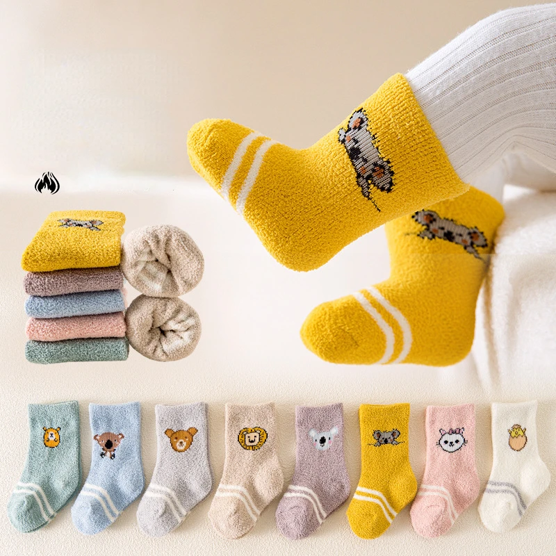 

Winter Kid's Socks Child Boy's Girl's Cartoon Warm Coral Plush Socks Toddler Newborn Autumn and Winter Mid Tube Cotton Socks