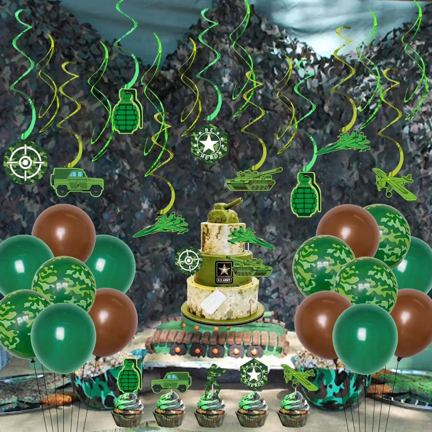 

CHEEREVEAL Camouflage Theme Party Decorations Green Camo Balloons Happy Birthday Banner Cupcake Toppers Birthday Party Supplies