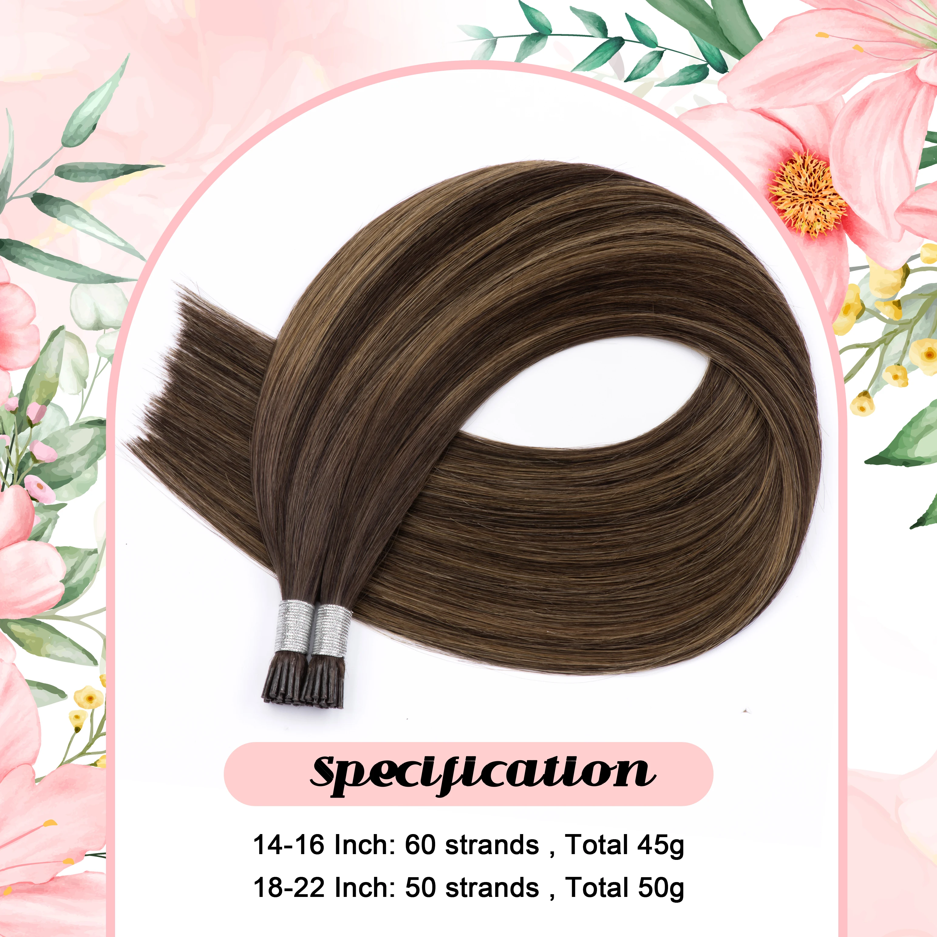 Highlight I Tips Hair Extensions Real Human Hair Ombre Color #2/8/2 Brown Human Extension I Tip Extensions