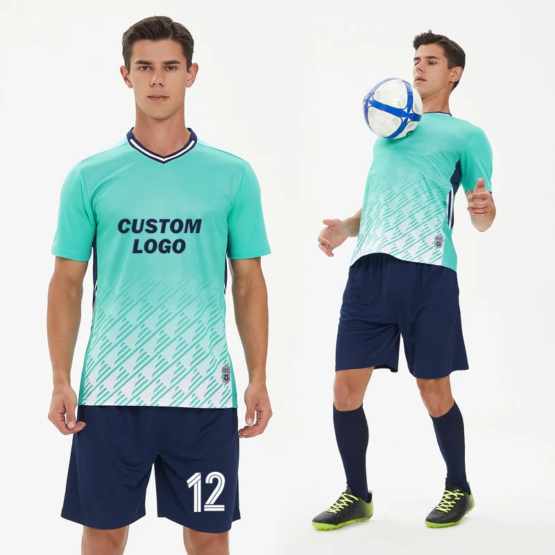 Sky Blue Print Short Sleeve Mens Soccer Uniform Adults Football Culb training wear soccer uniform football full set 8858