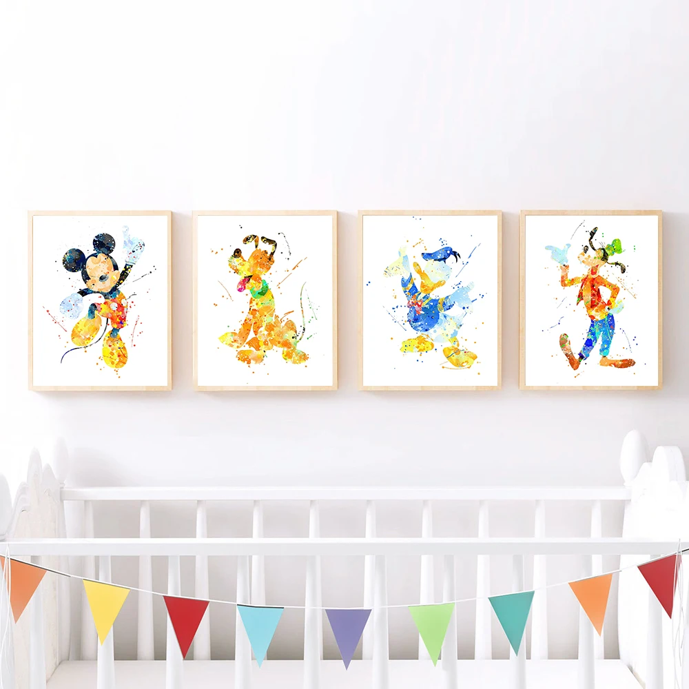 

Mickey Mouse Donald Duck Wall Art Watercolor Painting Canvas Poster Prints Color Cartoon Picture for Kid Room Home Decor Cuadros
