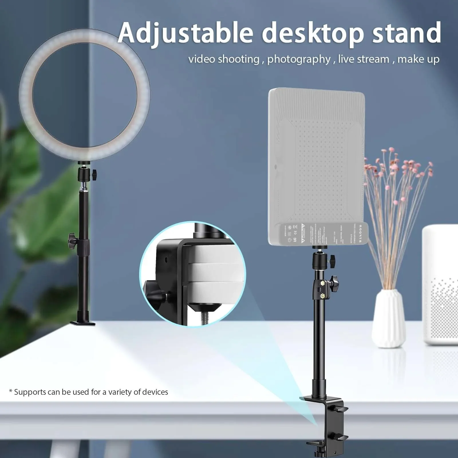 Desk Mount Stand DSLR Camera C Clamp Light Stand Photographic Light Boom With Ball Head for Phone Video Ring Zoom