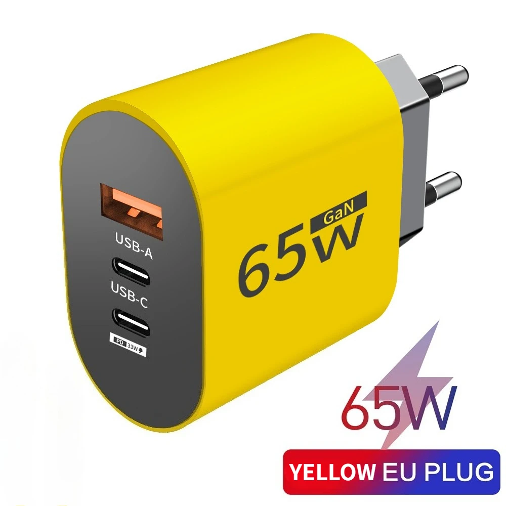 Зарядний пристрій GaN 65W з 3 портами USB C для швидкого заряджання, з вилкою для ЄС/США, для iPhone, Samsung, Xiaomi, Huawei, адаптер для швидкого заряджання телефонів типу C