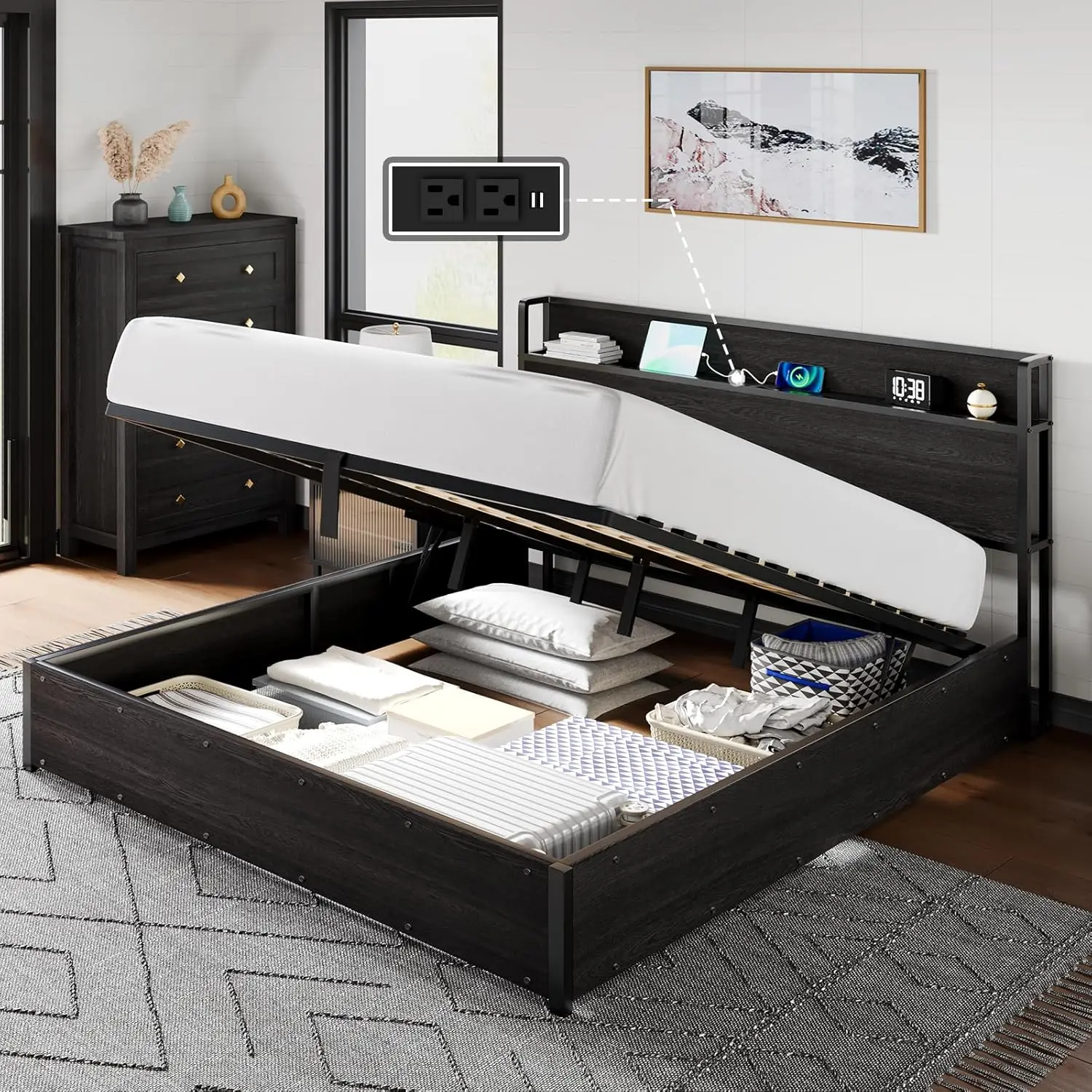 Anders Upholstered Eastern King Storage Lift Platform Bed Beige