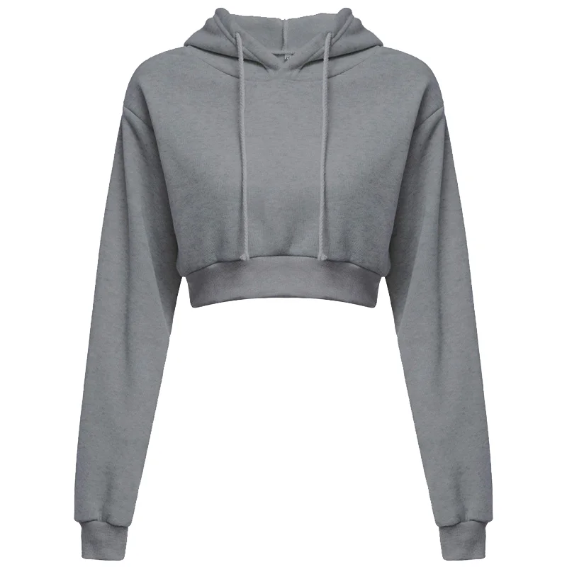 Womens Cropped Hoodie Short Sweatshirt Plain Pullover Hooded Crop Tops Sexy Casual Long Sleeve Hooded