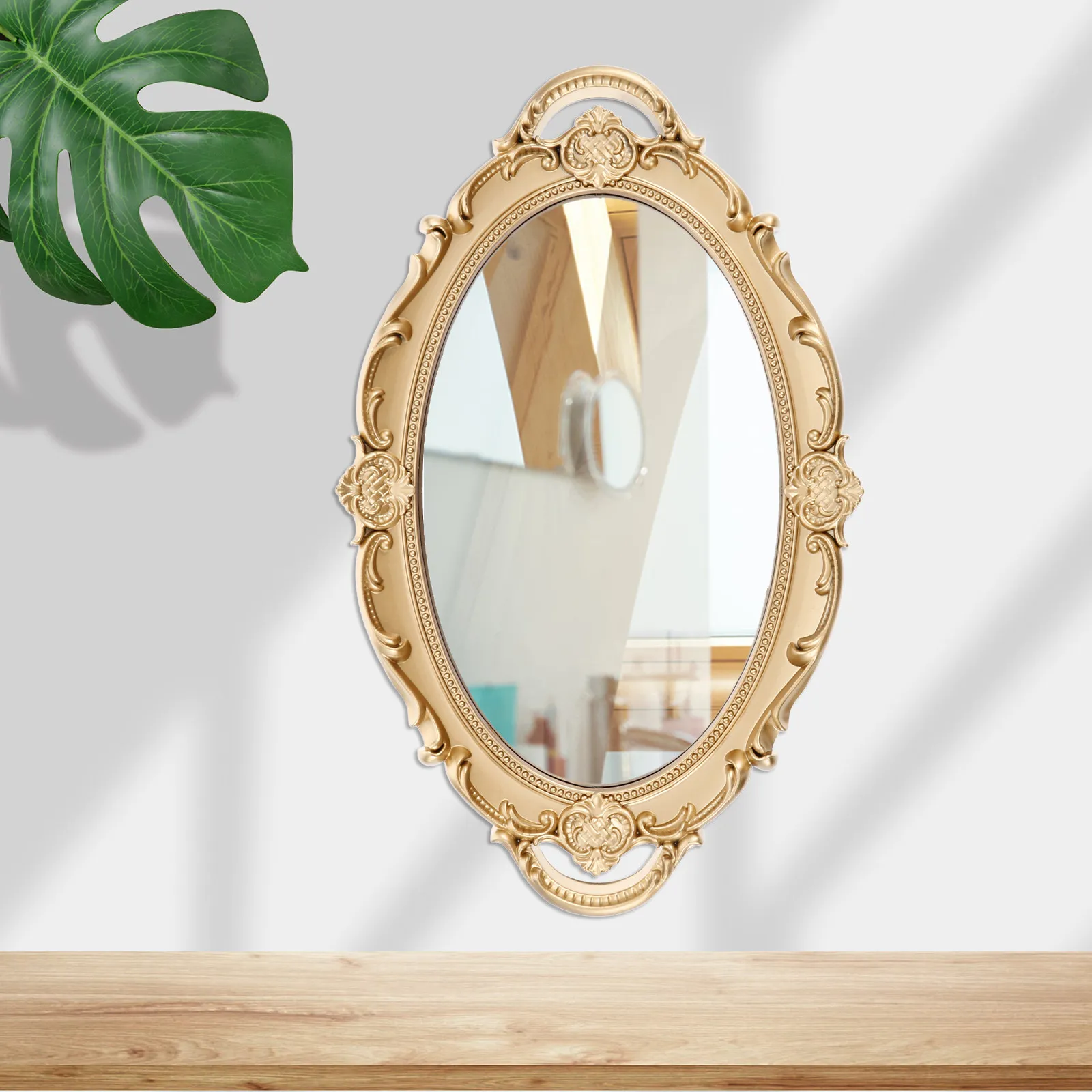 프랑스 스타일 빈티지 골드 양각 화장 거울 벽걸이형 대형 불규칙 프레임 바로크 장식 화장대 트레이 보석 접시