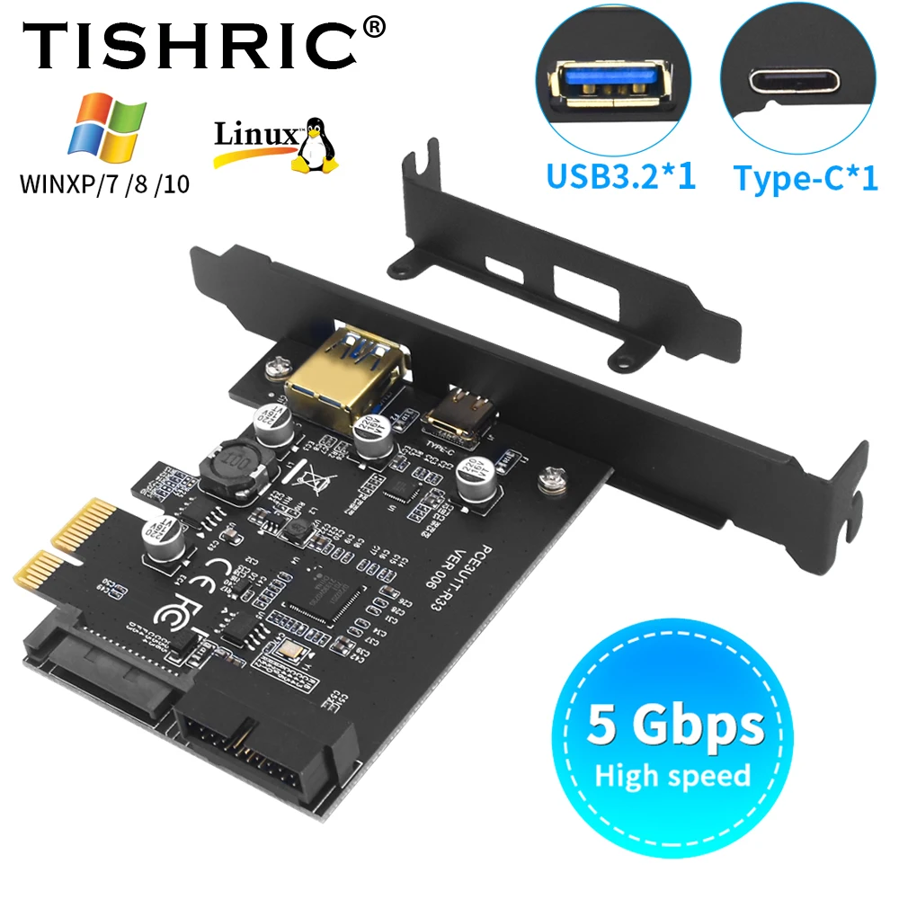 

TISHRIC PCIE USB 3.2 Adapter Card 5Gbps PCI-E 1X To USB 3.2 Gen1 19PIN TYPE-C Converter Adapter USB3.2 PCI E Slot Add on Card