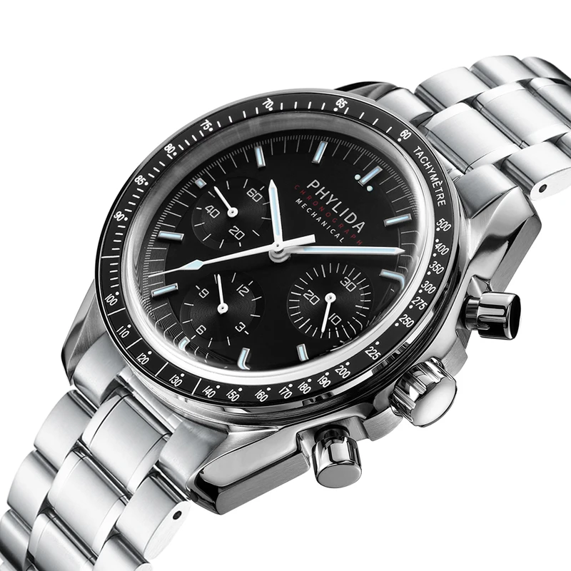 PHYLIDA 40mm Men\'s Watch ST19 Mechanical Chronograph Stop Watch Black Dial Wristwatch Speed Classic Solid Stainless Steel
