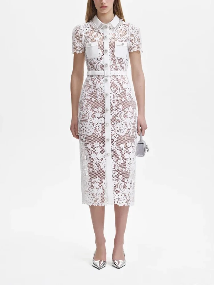 

Women Lace Embroidery Buttons Turn-down Collar Slim Fit Midi Dress