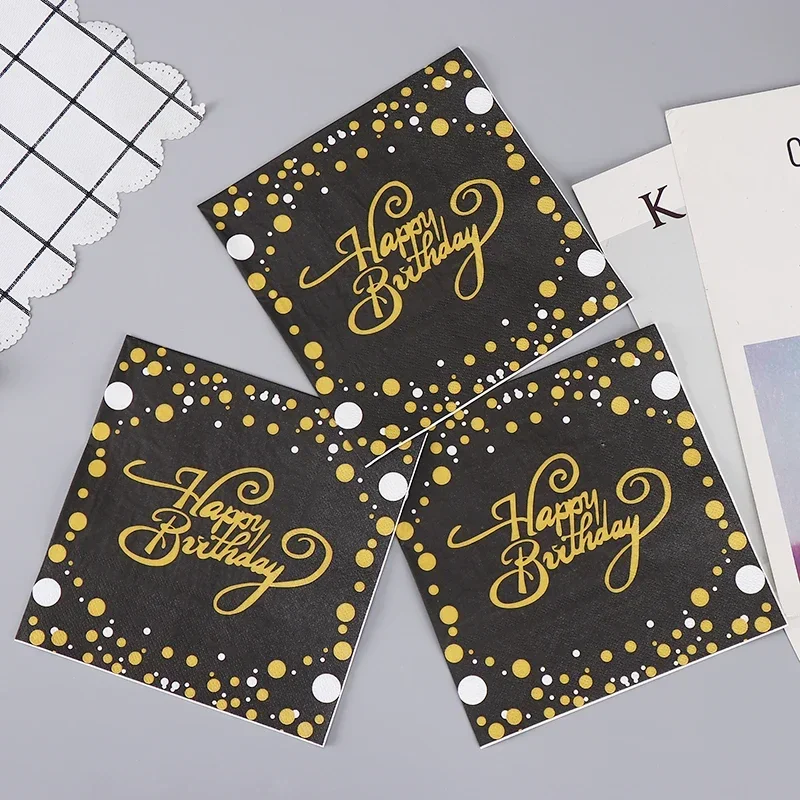 20pcs/Pac 33cm New Black and Gold Birthday Printing Paper Napkins Party Colorful Letter Happy Birthday Pure Wood Pulp Paper paper napkins