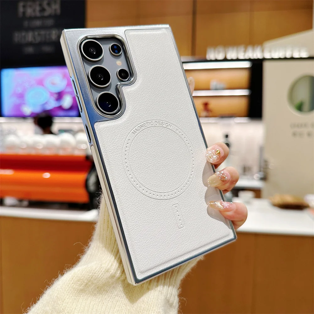 Electroplated Leather Magnetic Phone Case with Wireless Charging and Shockproof Protection