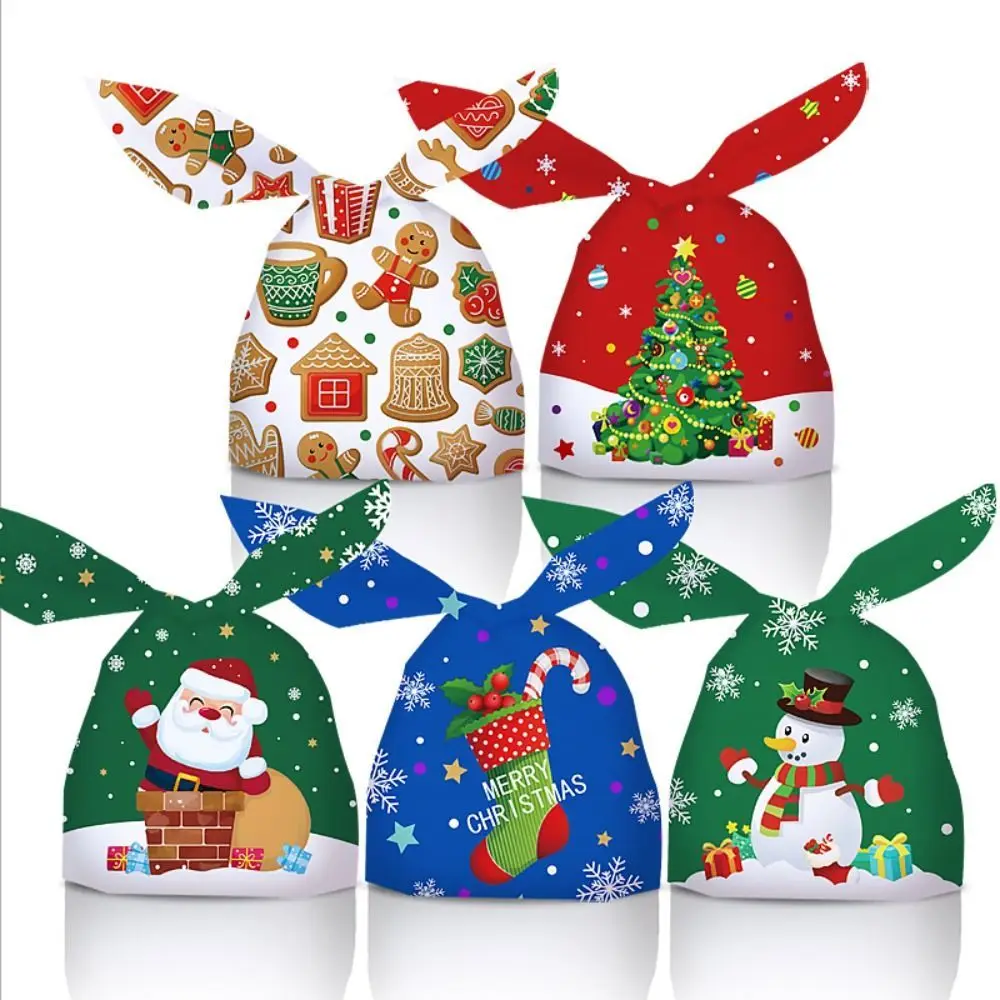 

50PCS Merry Christmas Xmas Candy Bags Rabbit Ear Snowmen Candy Treat Bag Santa Claus Snowflakes Biscuit Bags Christmas