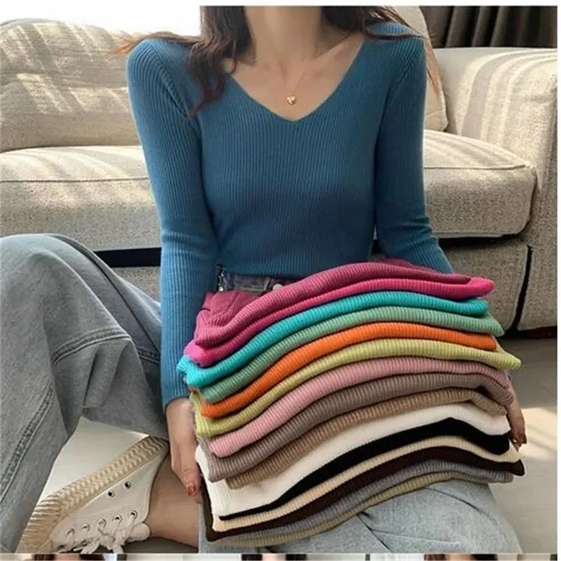 

Autumn Winter Women Solid Rib Knit V Neck Stripe Pull Sweater Femme Y2k Long Sleeve Pullover Jersey Tops Fashion Clothes