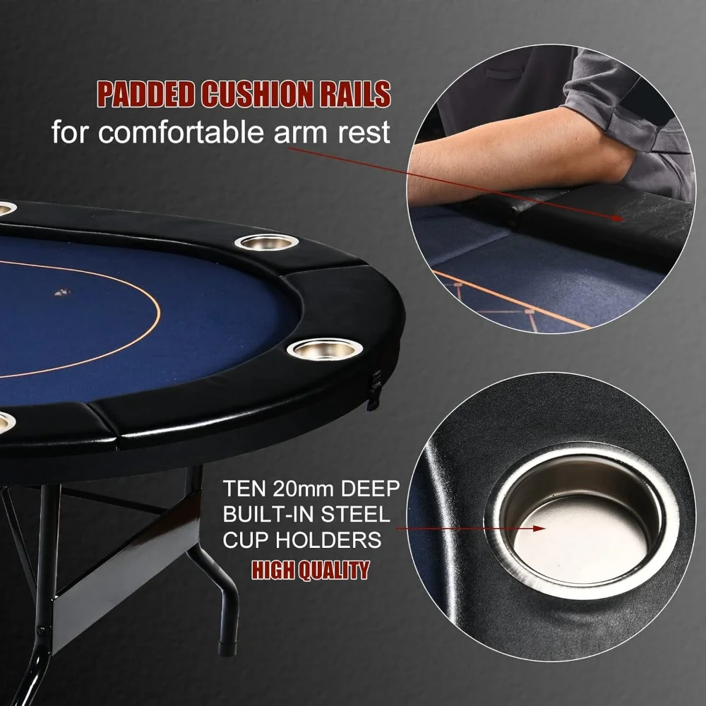 Poker Table Foldable for 10 Player, Folding Casino-Style Texas Hold'em w/Faux Leather Padded Rails & Stainless Steel Cup Holders