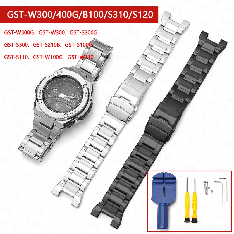 Pulseira Masculina de Pulseira de Metal Prateado e Preto Casio G-shock Gst-w300 400g B100 S310 S120 S110 W110 Aço Inoxidável