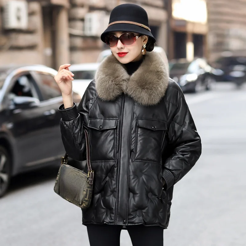 

Casual 90% White Goose Down Jacket Women Winter 2023 Fox Fur Collar Sheepskin Leather Coat Female Casaco Feminino Gxy1245