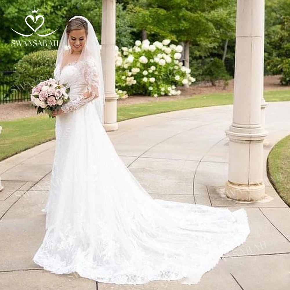 SwanSarah Wedding Dress Long Sleeve Detachable Train Sweetheart Appliques Mermaid Bride Gown customized N384 Vestido De Novia 5