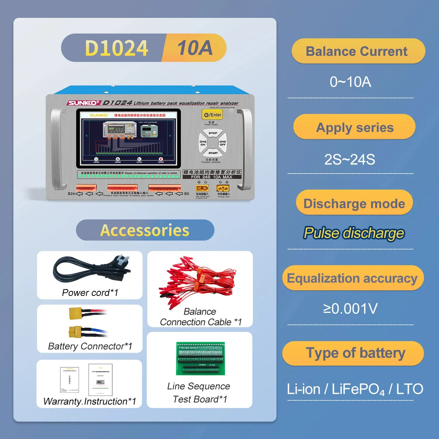 Maxgeek SUNKKO D1024 Paquete de batería de litio de alta corriente, ecualizador y analizador 2S-24S, equilibrador de baterías de controlador de voltaje, 10A