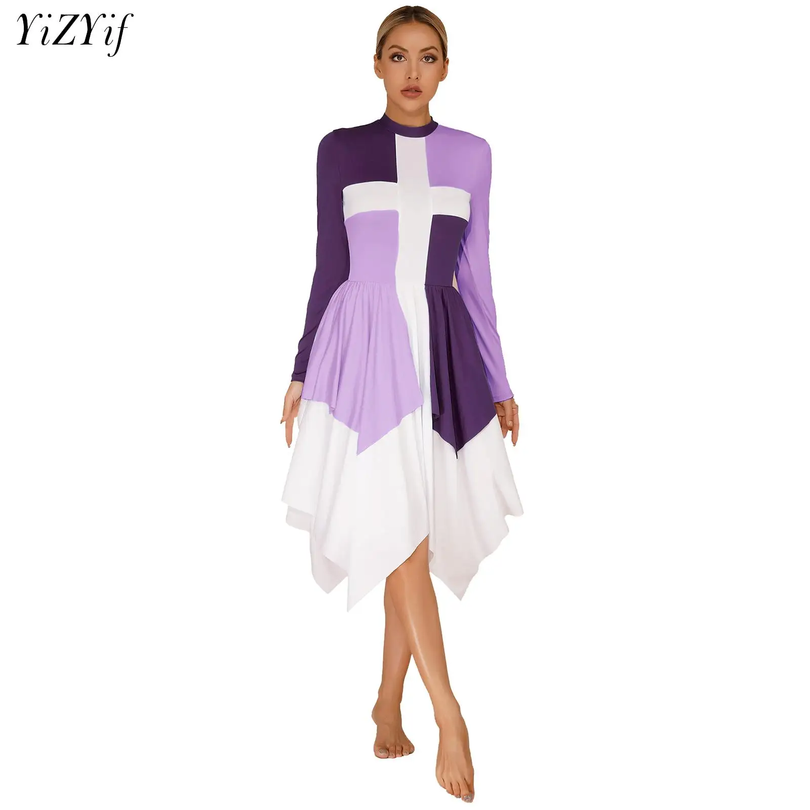 

Women Lyrical Praise Dance Dress Worship Church Liturgical Long Sleeve Cross Colorblock Irregular Hem Choir Performance Costume
