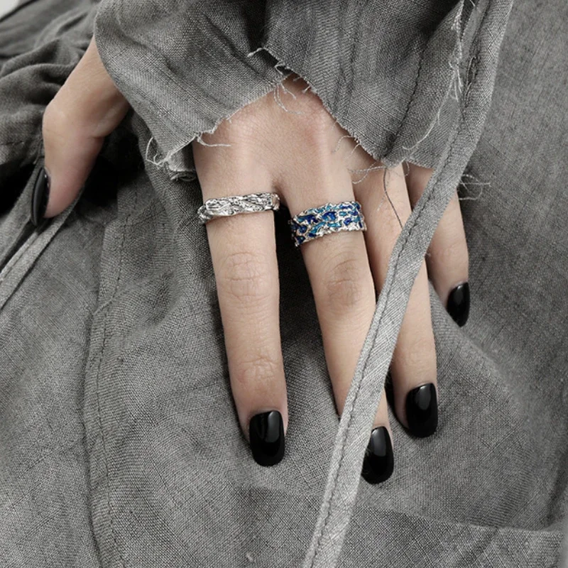 Geometric Square Classical S925 Sterling Silver Ring Uneven Texture Design Rings Fashion Jewelry for Women Gift