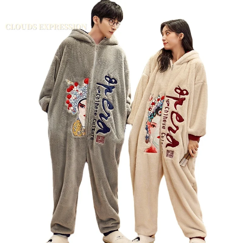 Winter Warm Flannel PJ Men's Jumpsuits Adult Onesie Pajamas for Couple Sleep Lounge Velvet Onesies for Mujer Romper