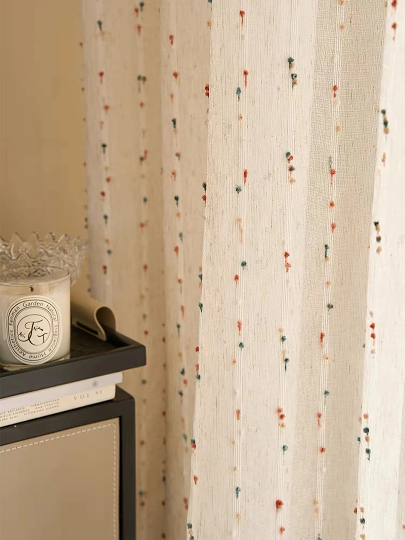 Vintage Linen Transparent Curtain - Rainbow Jelly Bean Design Easy to Hang Ideal for Bedroom  Living Room