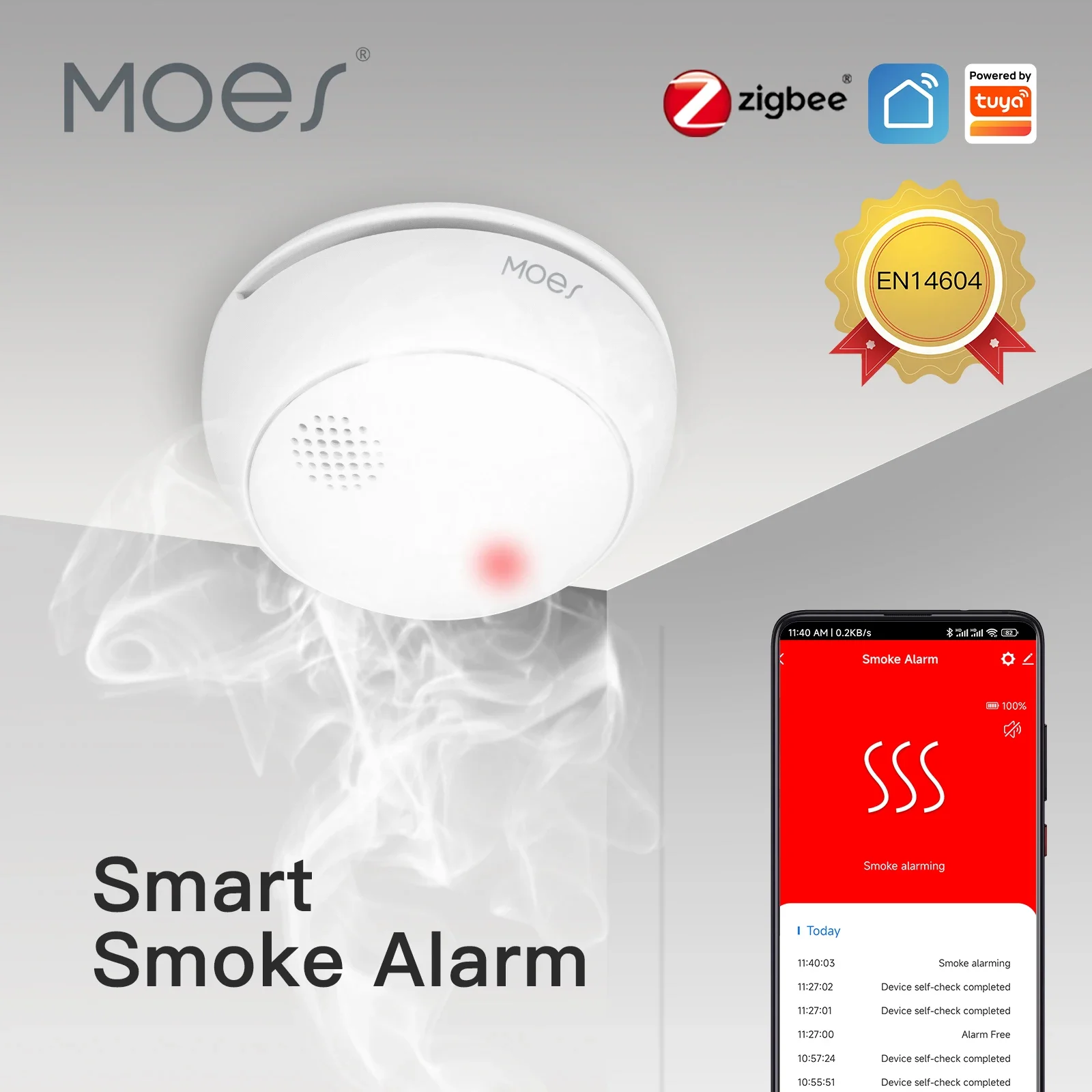 MOES ZigBee สมาร์ทเครื่องตรวจจับควันไร้สาย Fire 85dB เสียงปลุกไซเรนเซนเซอร์สมาร์ทป้องกันความปลอดภัย Home Kitchen Fire App Alert 1