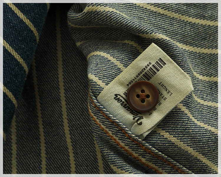 Heavy vertical stripe cargo denim shirt Men do old washed cotton elbow stick cloth lapel long sleeve shirt jacket
