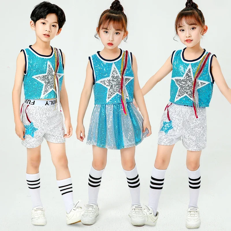

Детский танцевальный костюм для чарлидинга, костюм с блестками для джазовых танцев, костюм для мальчиков и девочек для современных танцев, детская одежда для выступлений