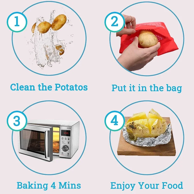 1PC NEW Red Washable Cooker Bag Baked Potato Microwave Cooking Potato Quick Fast Baking Potatoes Bag(cooks 4 potatoes at once)